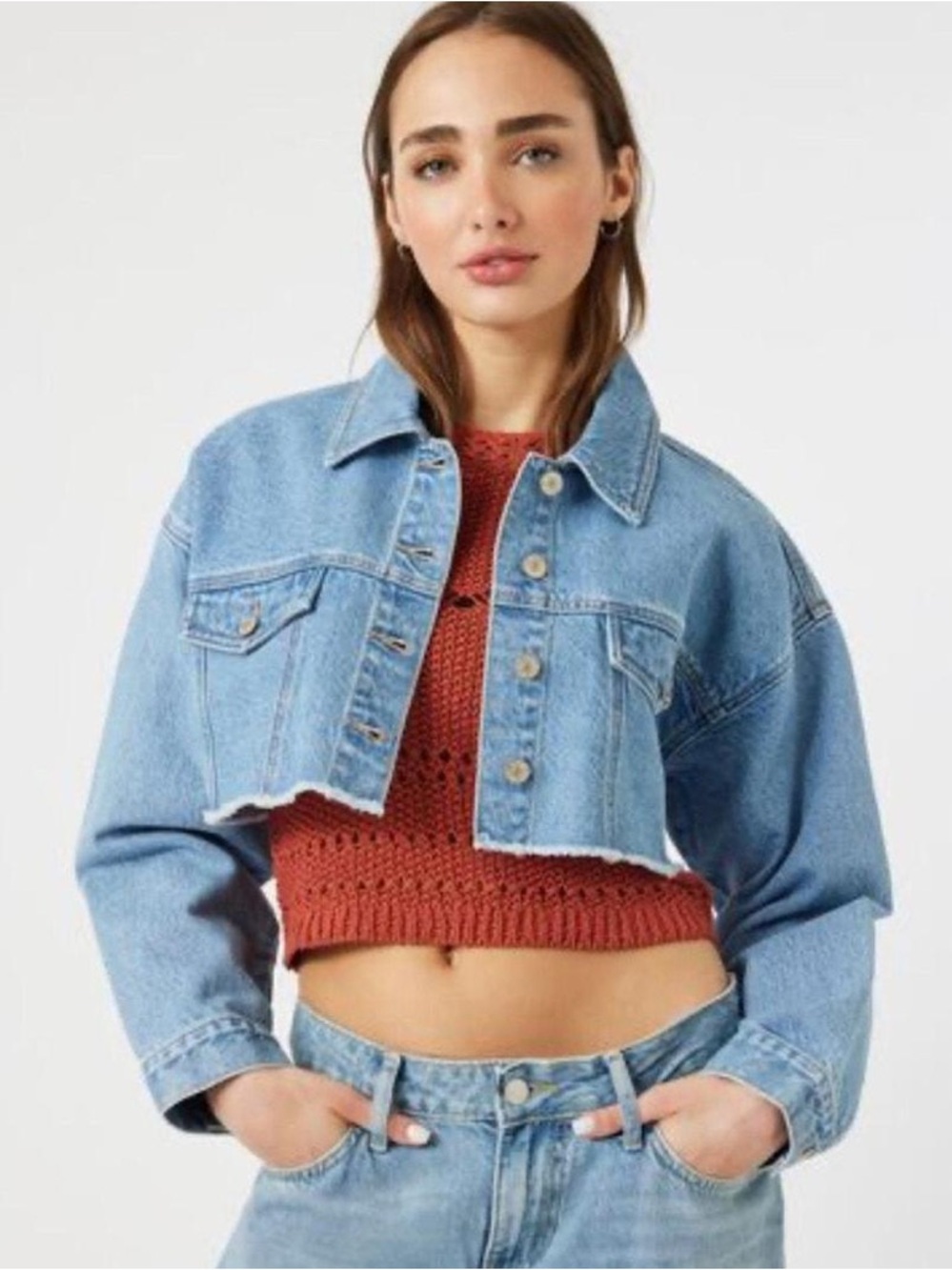 Forever 21 Denim Boho Country Crop Trucker Jacket Size S